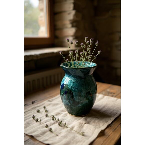 DK Clay Ocean Blue Ruffle Rim Vase-North Carolina Studio Pottery-6''-Stoneware - Picture 1 of 7